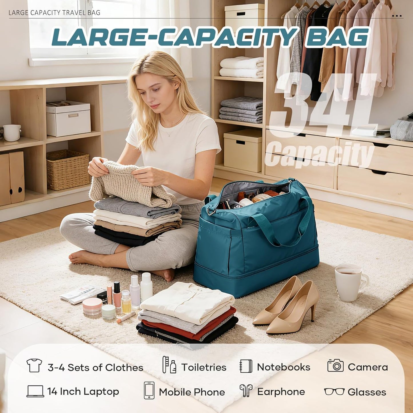 Skiennix Travel Duffel Bag - Large Waterproof Weekender with Shoe Compartment & Trolley Sleeve - Peacock Blue