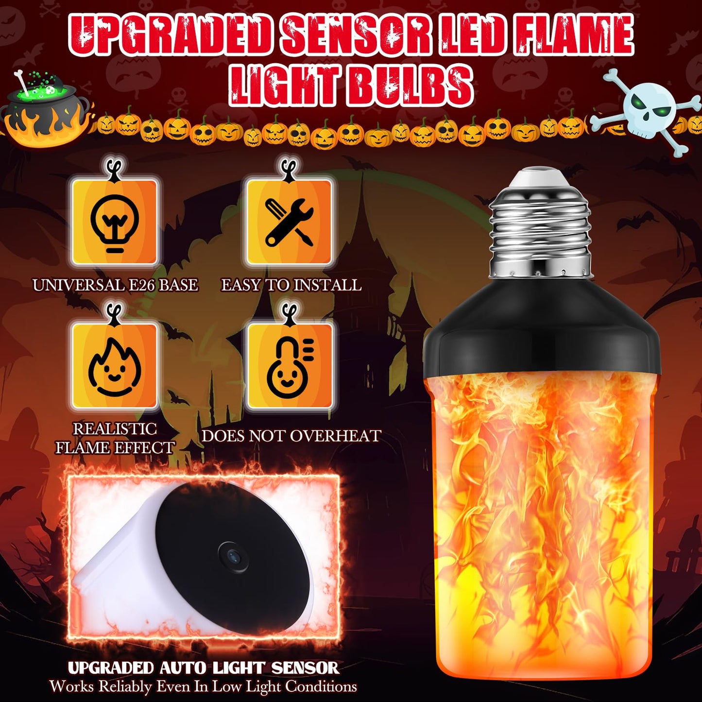 VIHOSE LED Flame Light Bulbs, Upgraded Dusk to Dawn Sensor Bulb with E26 Base, Flickering Flame with Upside Down Effect, Fire Bulb for Halloween Christmas Porch Outdoor Decor, 25, 000 Hours, 2 Pack