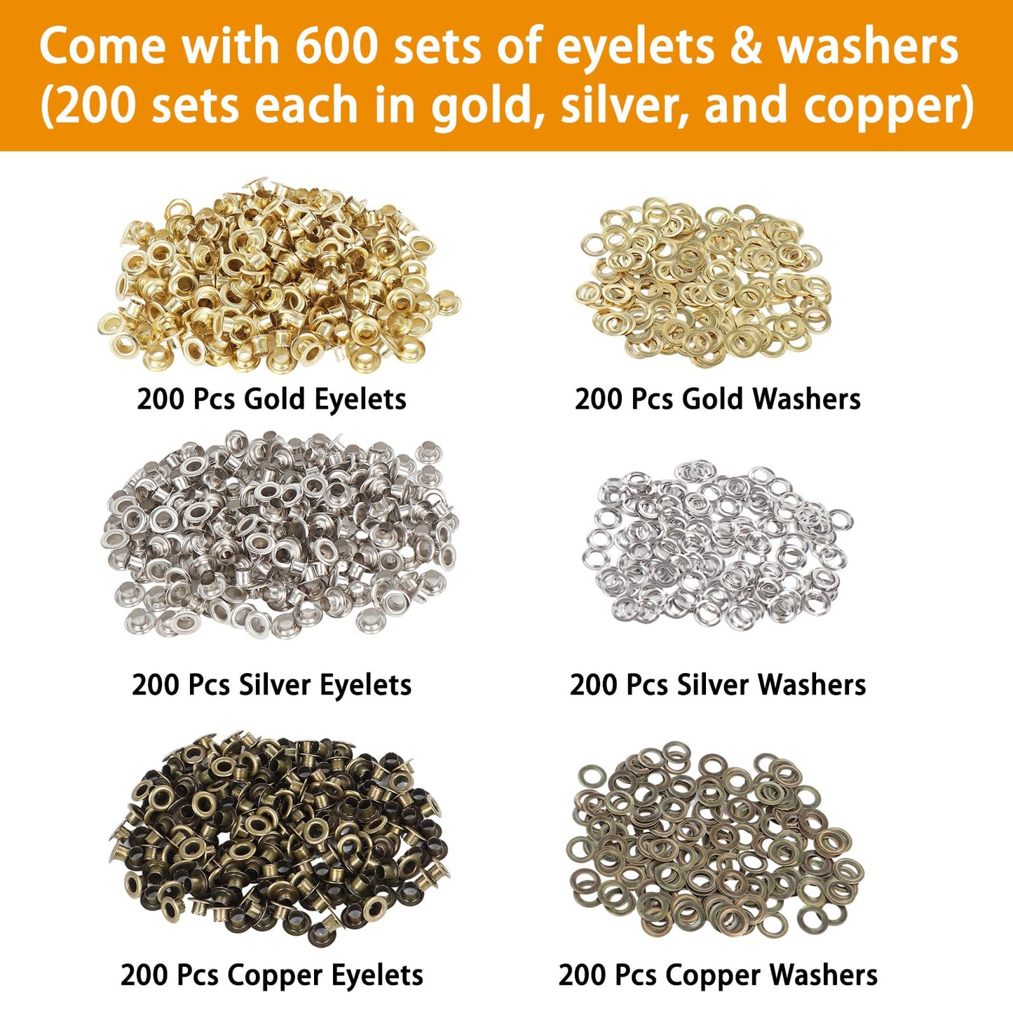 1203Pcs Grommet Tool Kit, 1/4 Inch 6mm(Inside Diameter) Grommet Eyelet Pliers Kit with 1200 Metal Eyelets with Washers(Gold, Silver and Copper), Eyelet Kit for Fabric, Leather, Shoes, Belt, Crafts
