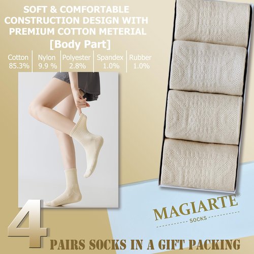MAGIARTE Womens Athletic Cotton Mini Crew Socks Cushioned Running Hiking Multi Sports Socks for Women 4 Pairs (#04M Beige)
