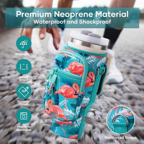 linmaya Water Bottle Carrier Bag for Stanley Cup 40/30oz with Phone Holder Pocket, Neoprene flamingo Water Bottle Cross-body Carrier Bag with Adjustable Shoulder & HandStraps