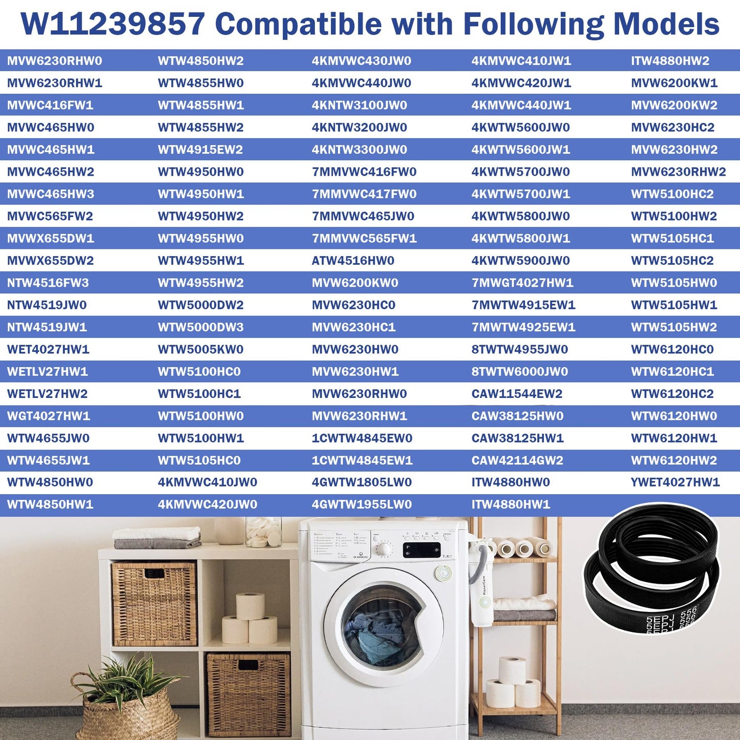 W11239857 W10808317 Washer Drive Motor Belt Replacement For Whirlpool Maytag Amana Top Load Clothes Washing Machine Replaces 4845287 AP6333320 PS12578772 WE12M29 5EPJ556