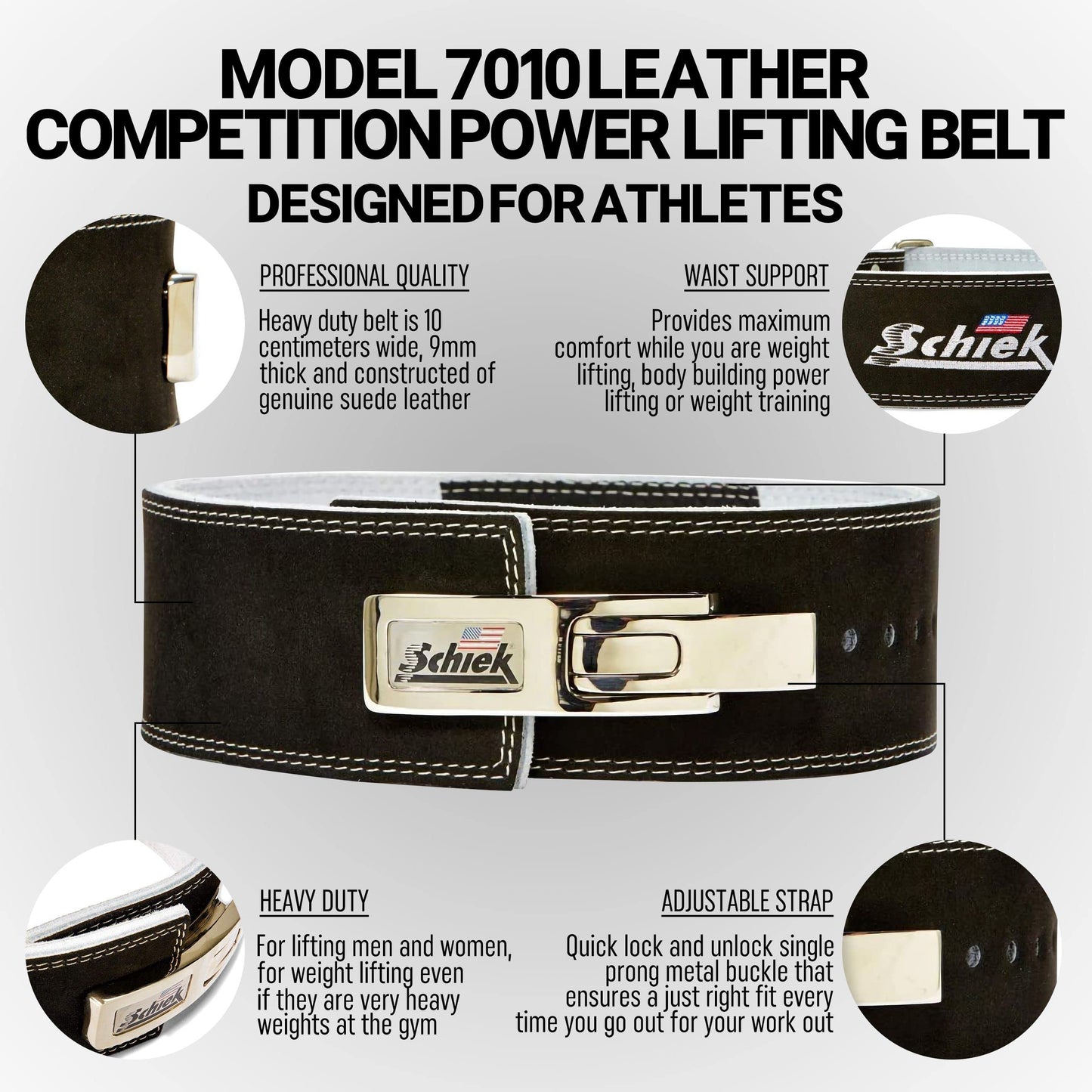 Schiek Sports 7010 Lever Competition Power Weight Lifting Belt - Suede Leather Lifting Belts with Steel Lever Metal Buckle