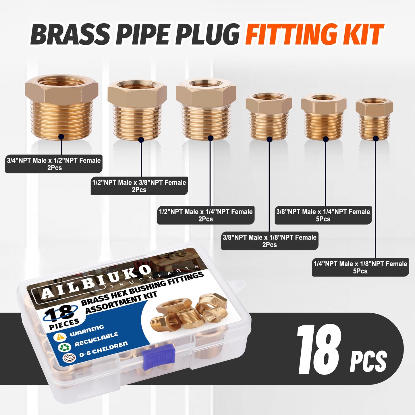 Ailbiuko 18PCS Brass Hex Bushing Fitting Kit,1/4" - 1/8", 3/8" - 1/8",3/8" - 1/4",1/2" - 1/4",1/2" - 3/8",3/4" - 1/2" NPT Pipe Fittings