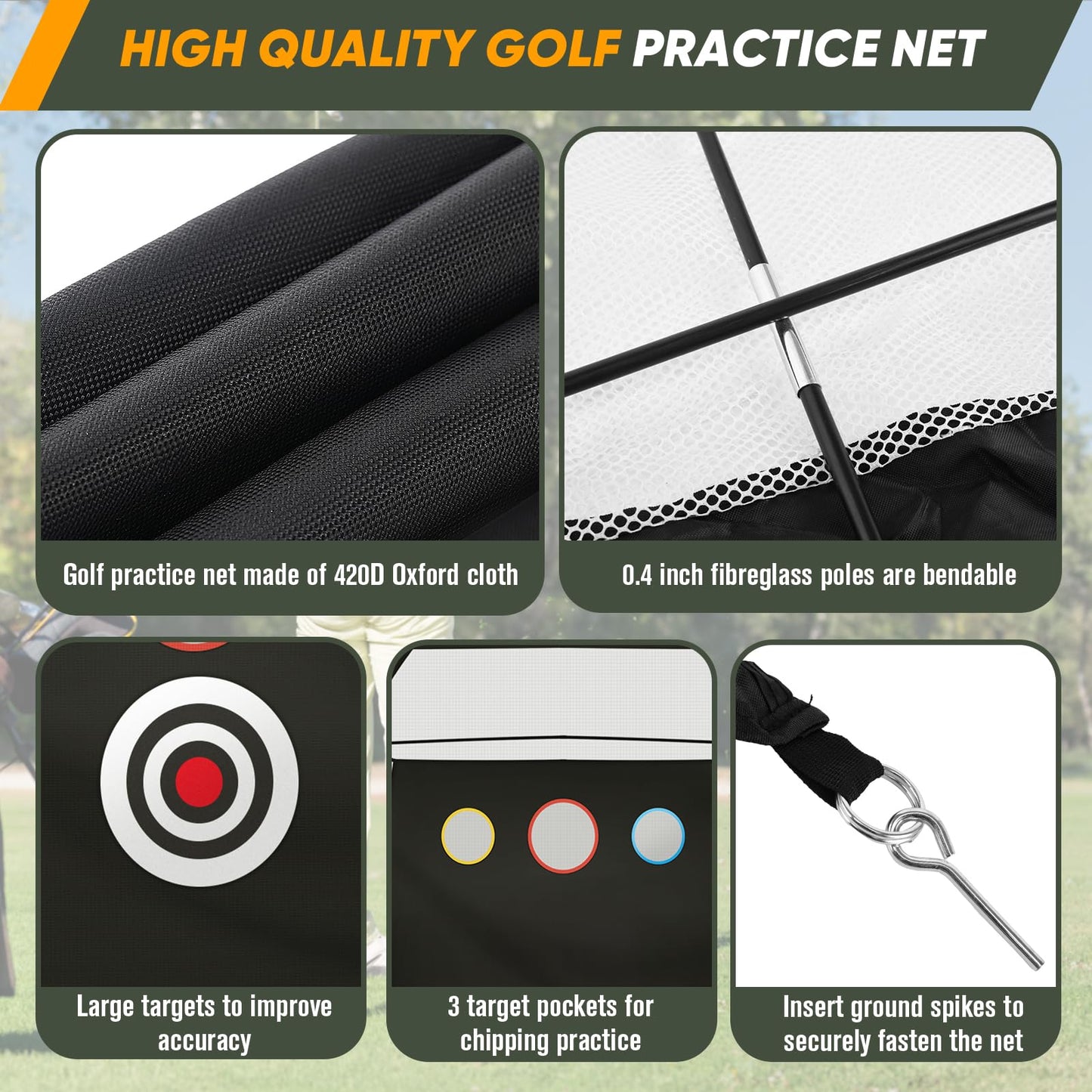 10x7Ft Golf Practice Net, Golf Net for Backyard Driving Real GolfBalls, All in 1 Golf Hitting Nets with Tri-Turf Mat, Impact Target, 10 Balls, 7 Tees, 2 Rubber Tees, Carry Bag