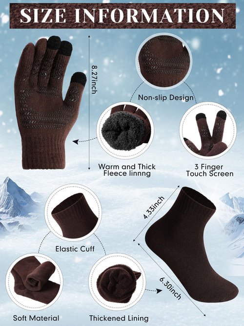 Shyyween 4 Pcs Winter Knit Beanie Hat Neck Warmer Scarf Touch Screen Gloves and Sock Set Fleece Lined Skull Cap for Men Women(Brown)