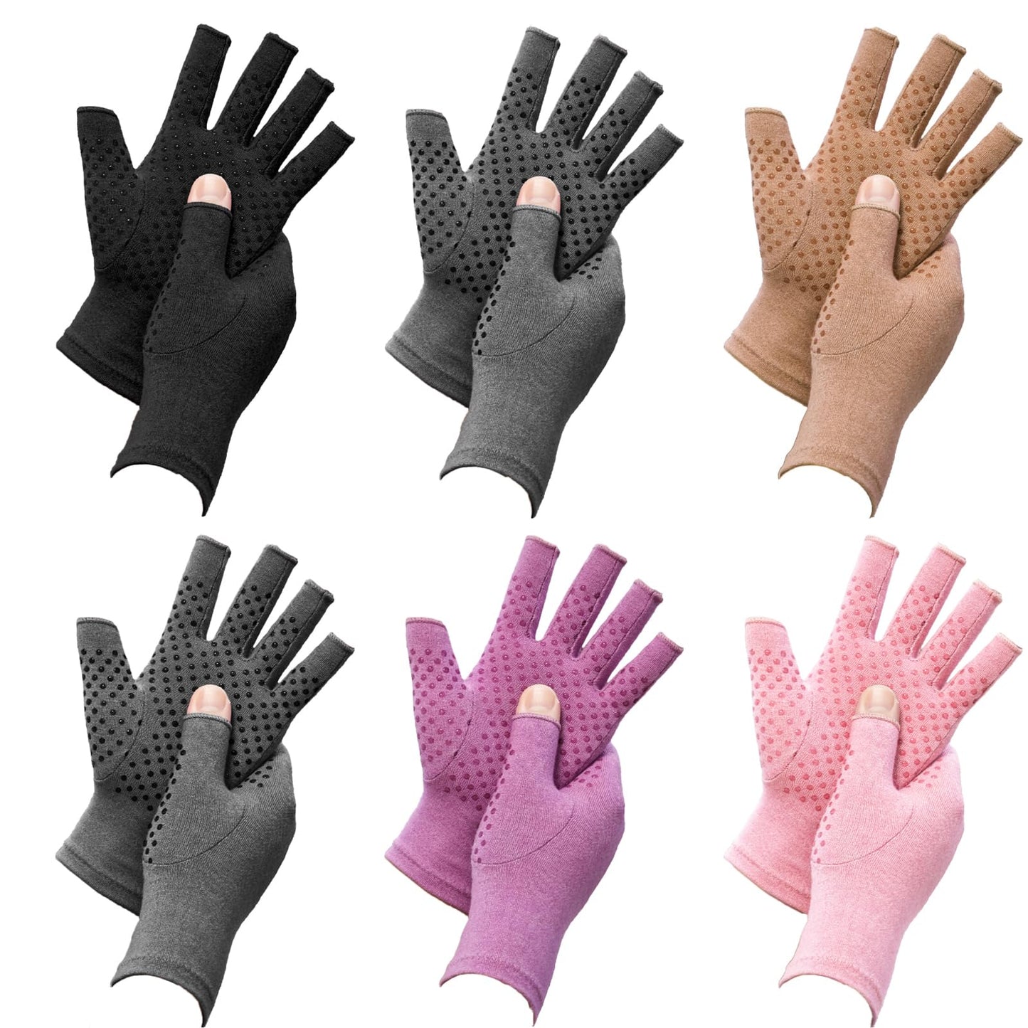 Beieverluck 6 Pairs Arthritis Compression Gloves for Women Men Fingerless Hand Compression Gloves for Typing, Driving and Work