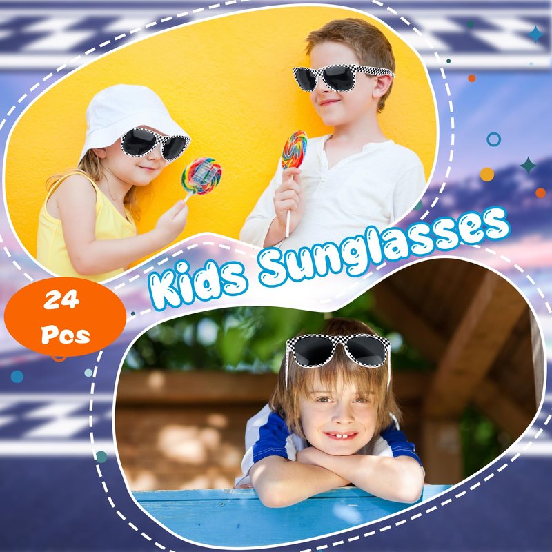 Octaday 24 Pcs Race Car Checkered Sunglasses Bulk White Frame Black Checker Sunglasses for Kids Racing Party Favor Supplies Racing Theme Birthday Gift