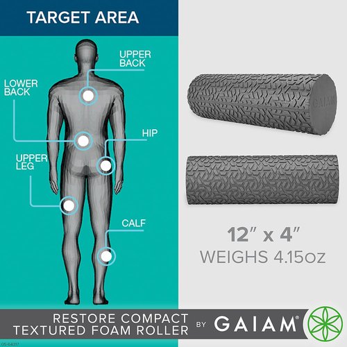 Gaiam Restore Foam Roller - Compact Textured Design for Muscle Repair | 12”L x 4" Diameter, Eases Tension
