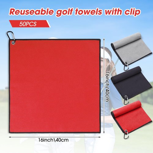 Batiyeer Golf Towels Bulk for Bags, 16"x16" Microfiber Waffle Pattern Golf Towel with Clip for Tournament, Club, Fitness(Black,Gray,Red,50 Pcs)