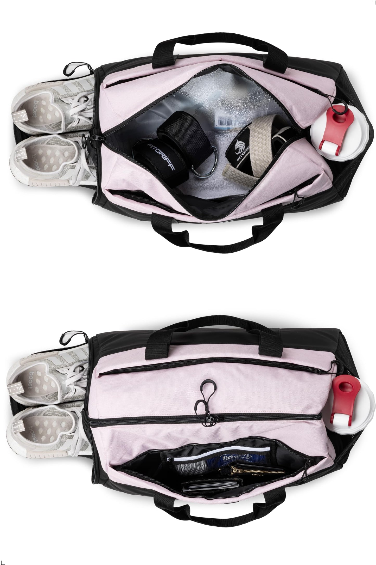 Fitgriff® Gym Bag V2 for Men and Women with Shoe & Wet Compartment - Duffle Bag for Travel, Sports, Fitness and Workout (Black/Pink, 19 x 10 x 11″ (Small))