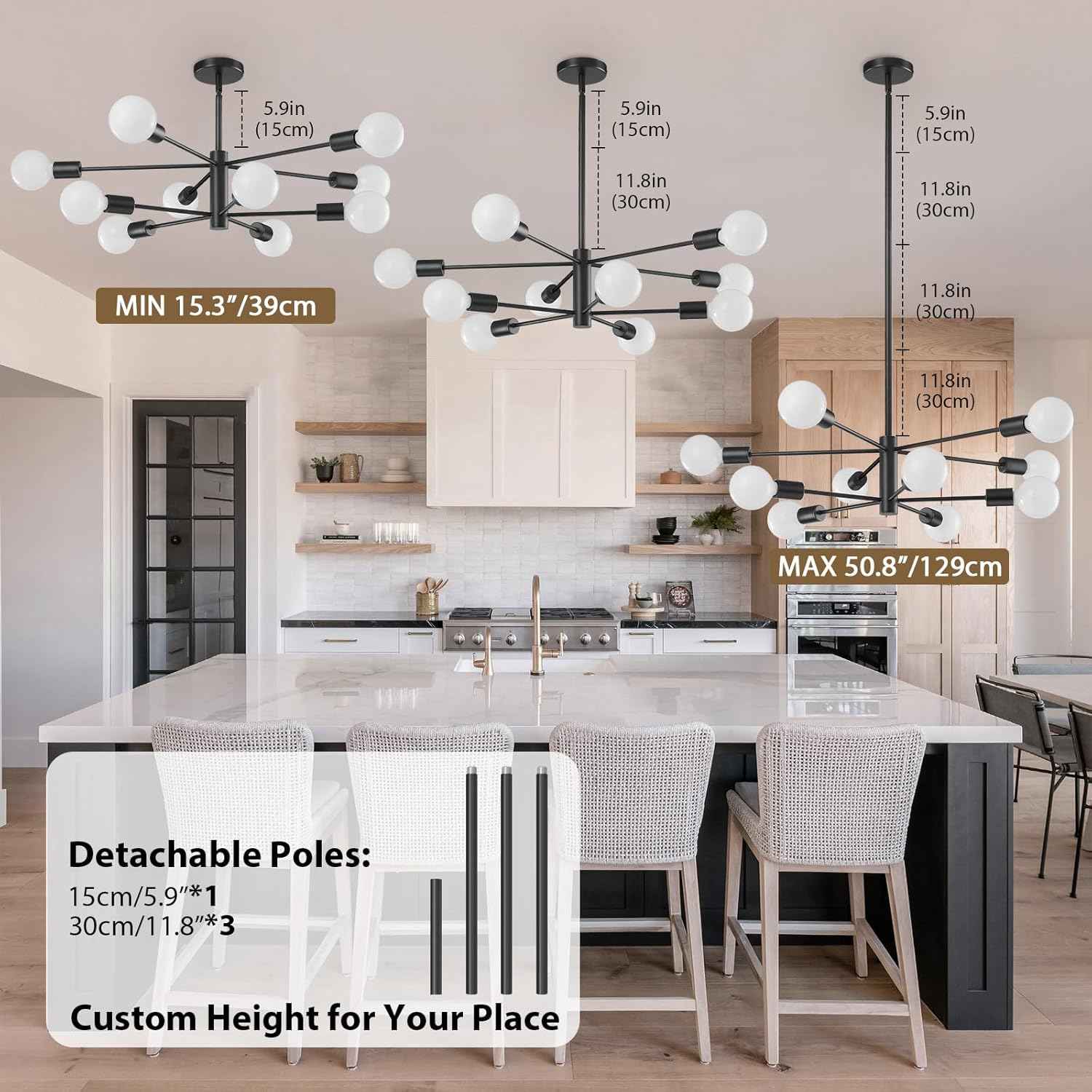 8-Light Gold Sputnik Chandelier - Modern Adjustable Ceiling Light for Dining Room, Kitchen & Foyer