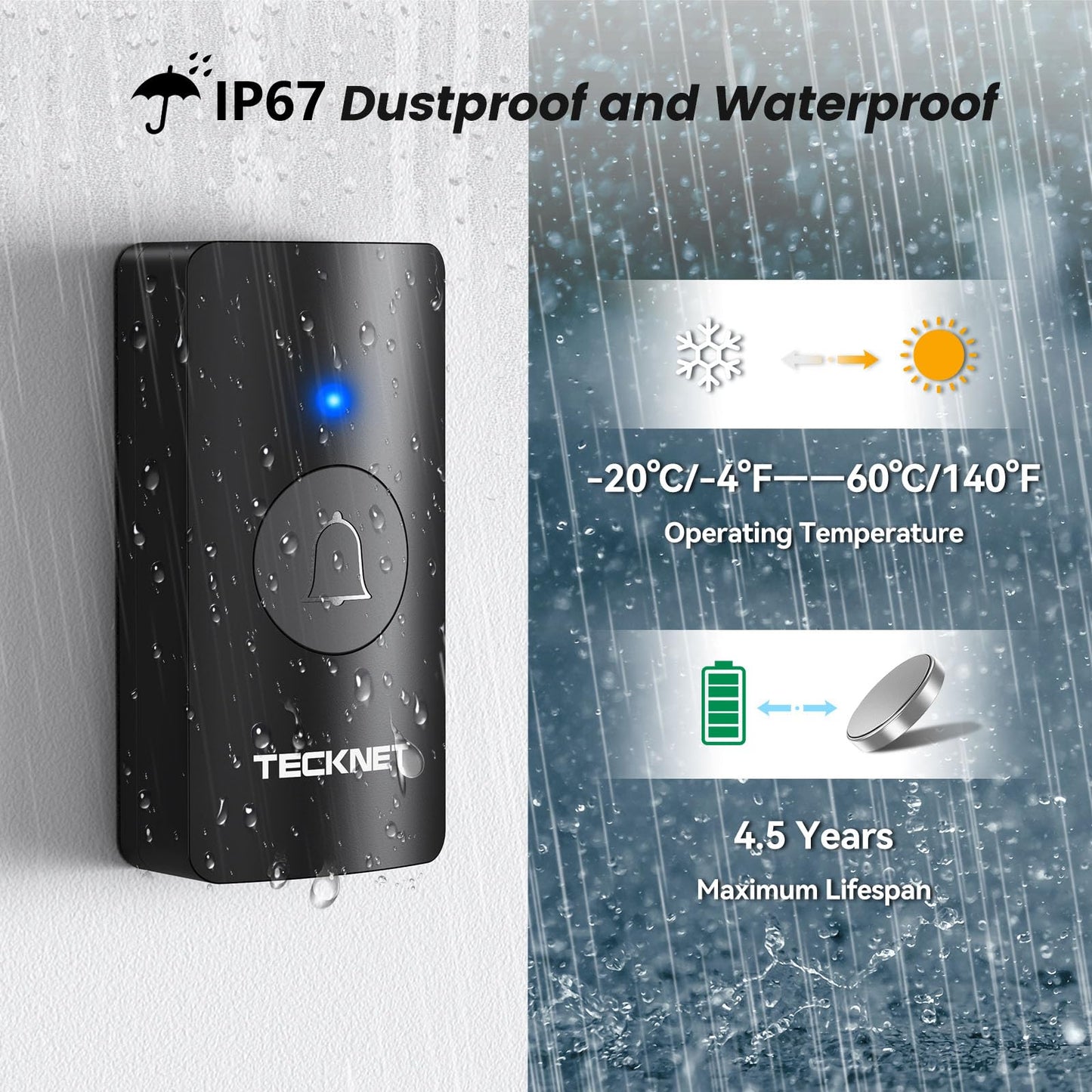 TECKNET Wireless Doorbell 1300FT, IP67 Waterproof Classroom Doorbell Battery-Powered Door Bell, 60 Chimes 5-Level Volume, Electric Doorbells No Plug-in Required for Home Classroom Teachers Warehouse