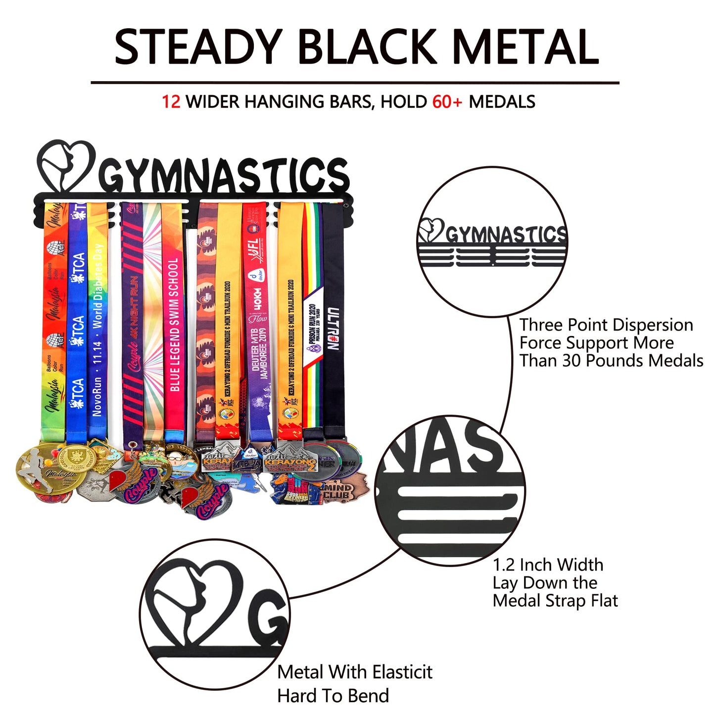 Goutoports Medal Holder Display Hanger Rack Frame for Sport Race Runner- Gymnastics for Girl - Sturdy Black Steel Metal Over 60 Medals Easy to Install