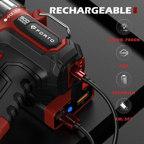 FORTO Compact Rechargeable Spotlight with Adjustable Focus, Handheld Spot Light with Stand, 823m Range, 3 Light Modes and LED Spot Lights Outdoor for Boating Hunting Camping Hiking