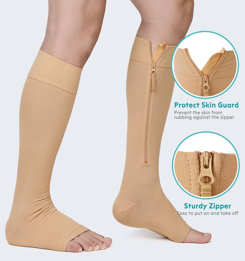 NURCOM Copper Compression Socks for Varicose Veins & Lymphedema, Zipper Compression Socks 20-30 mmHg Knee-High Open Toe Beige Large, Relieve Swelling & Discomfort, Improve Circulation, DVT Prevention