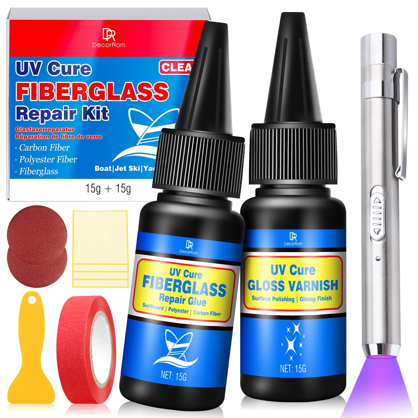 Fiberglass Boat Repair Kit with UV Light, Clear Surfboard Repair Kit , Mega Adhesion Fast Drying for Carbon Fiber, Polyester Fiber - Ideal for Repairing Cracks, Holes in Boat Jetski Yacht & Sailboats