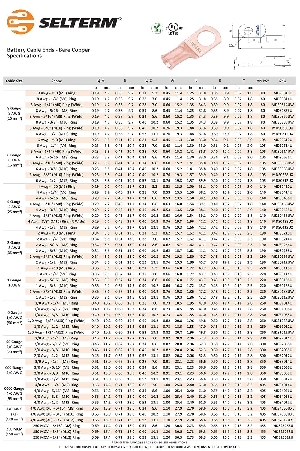 SELTERM 10pcs - 2 Awg - 5/16" Stud - Battery Lugs - Ring Terminal Connectors | with 12pcs 3:1 Black & Red Heat Shrink Tubing with Adhesive | Heavy Duty Battery Cable Ends - Bare Copper Wire Lugs Kit