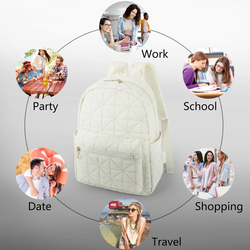 REVOTRA Backpack for Women Lightweight Quilted Bag Small Puffer Pack Water-Resistant Casual Daypack for Travel College Gym White