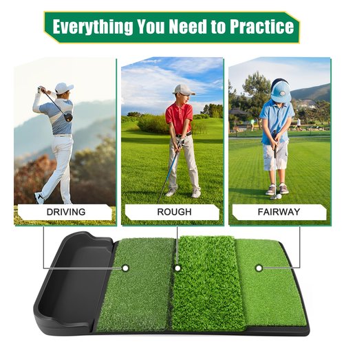 Golfguru Golf Mat, Foldable 4-in-1 Practice Mat with Ball Tray, 8 Golf Balls, 9 Tees, Rubber Tee, Indoor/Outdoor Training