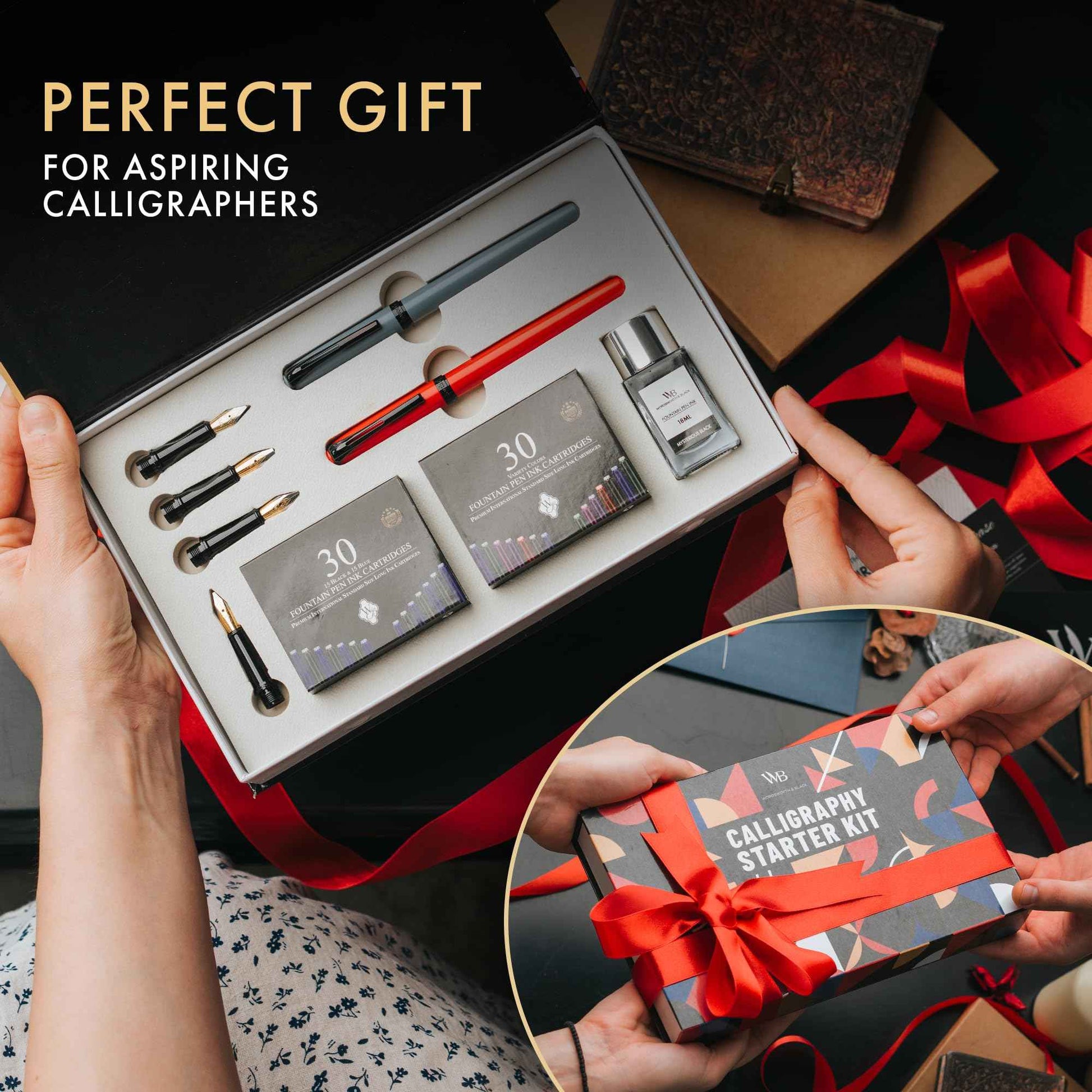 Wordsworth and Black Calligraphy Pen Set - Grey - Includes 2 Calligraphy Pens, 18 ML Ink Bottle, 60 Ink Cartridges, Ink Refill Converter, 1 Medium and 4 Broad Nibs, Brush Pen