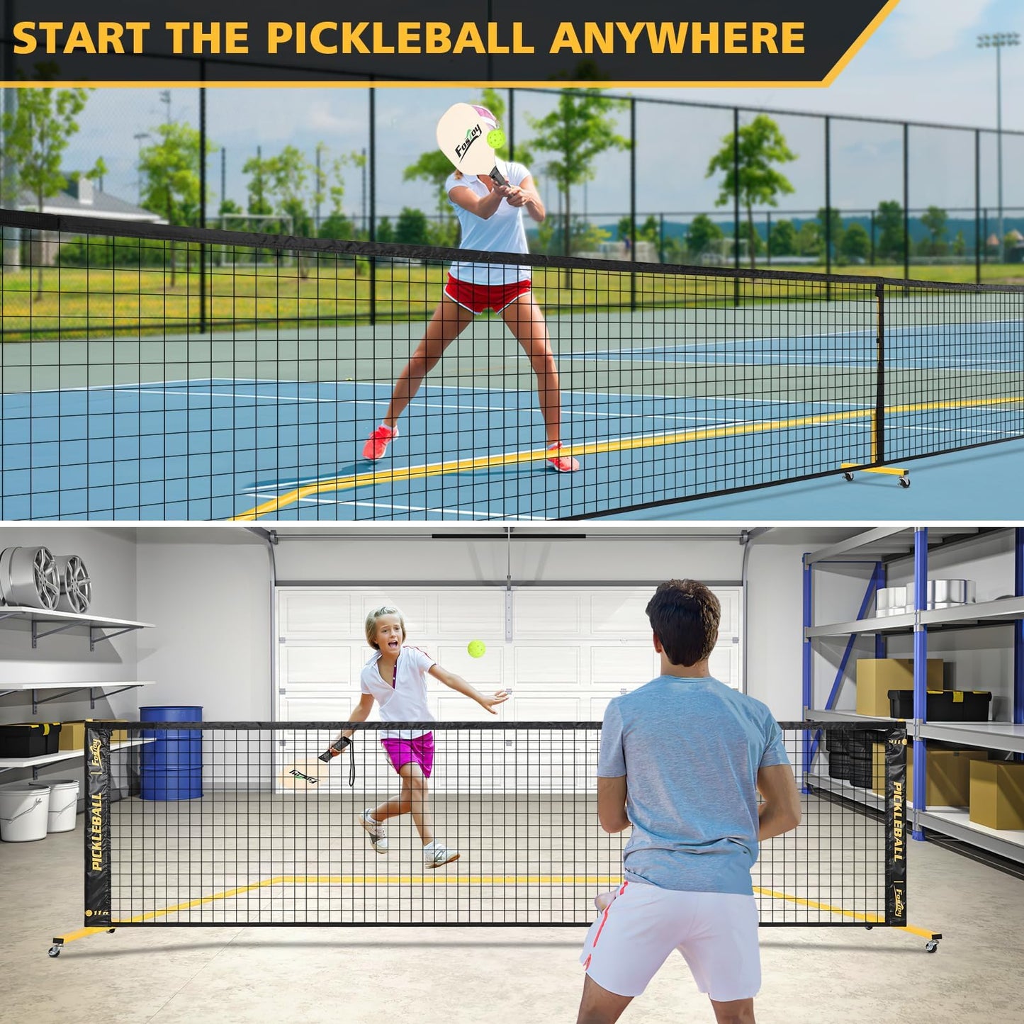 Portable Pickleball Net Set with Wheels, Regulation Size 22 FT & Half Court 11 FT, Steady Metal Frame Pickle Ball Net Set System with Carry Bag for Backyards, Driveways, and Garages