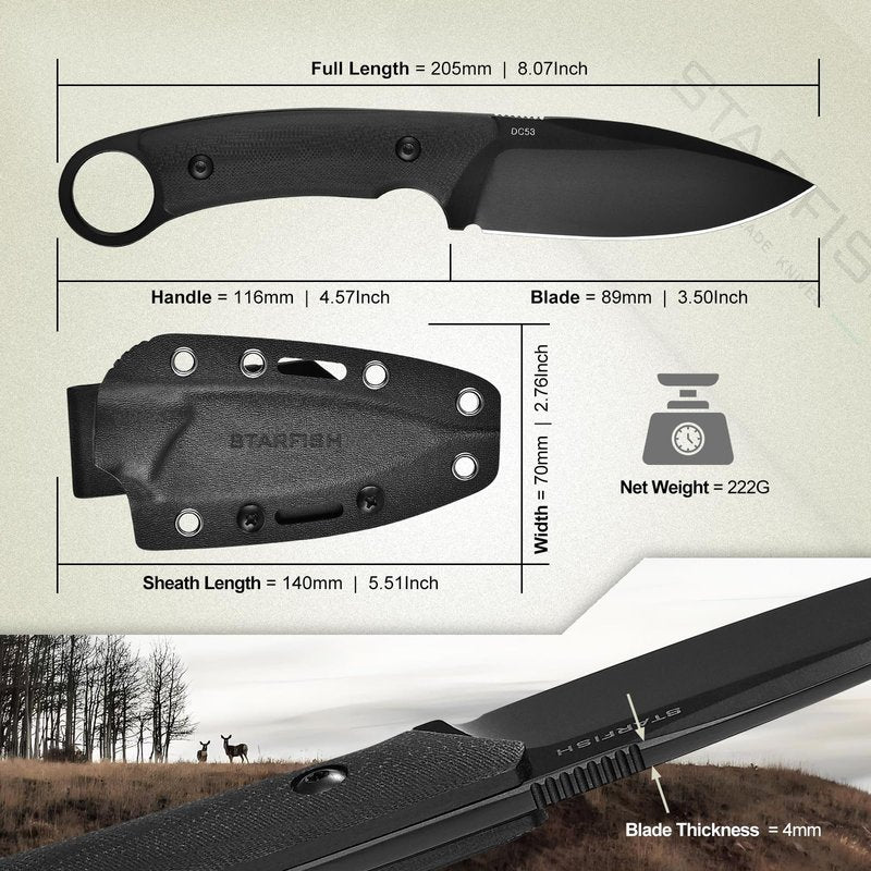 STARFISH 3.5” Full Tang Fixed Blade Knife, DC53 Steel Titanium Coating Blade G10 Handle Bowie Knives with Sheath for Camping, Hiking, Survival