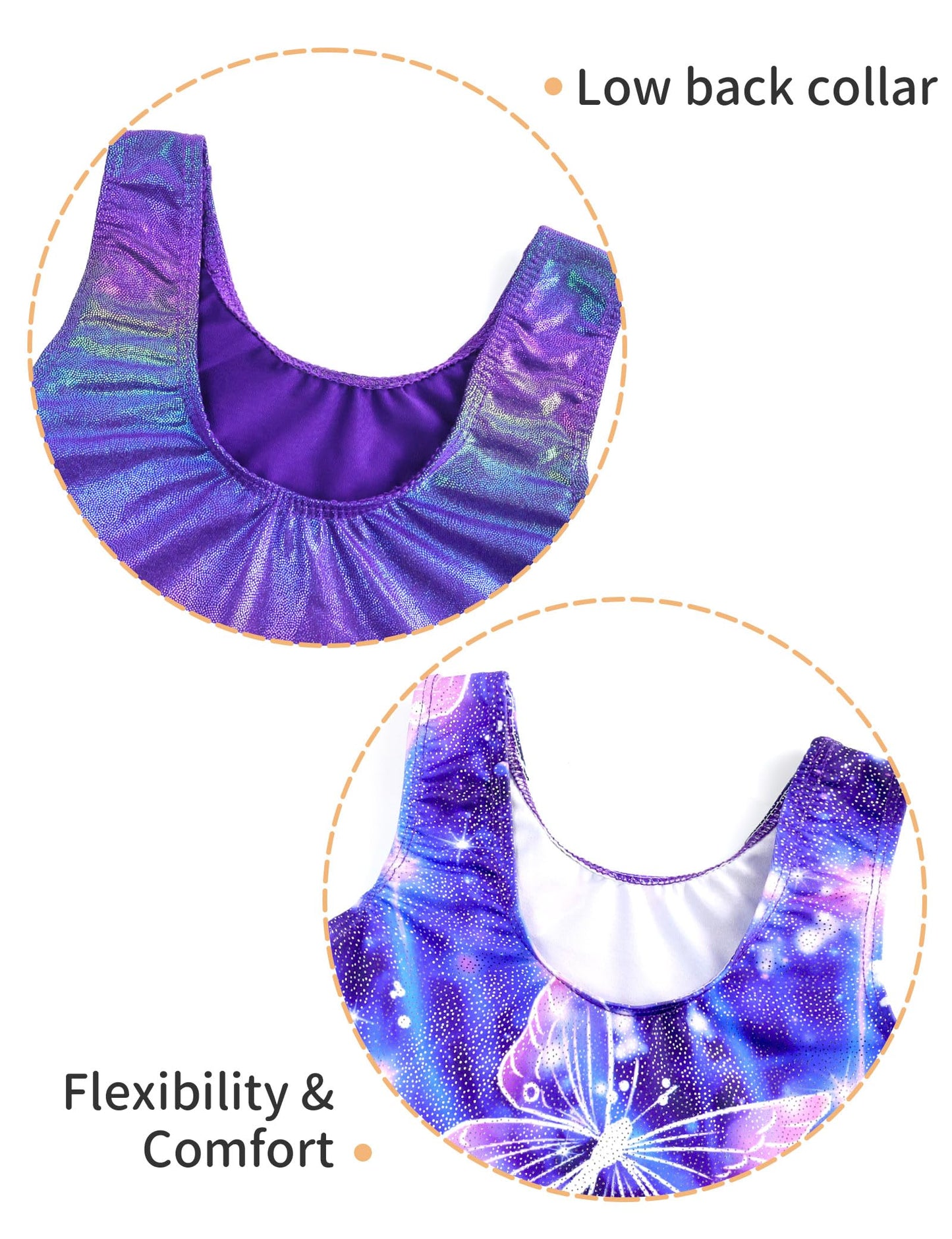 Nokecina Girls Leotards for Gymnastics Size 5-6 Years Old 2 Packs Shiny Purple Butterfly Biketards Pro Gym Outfit