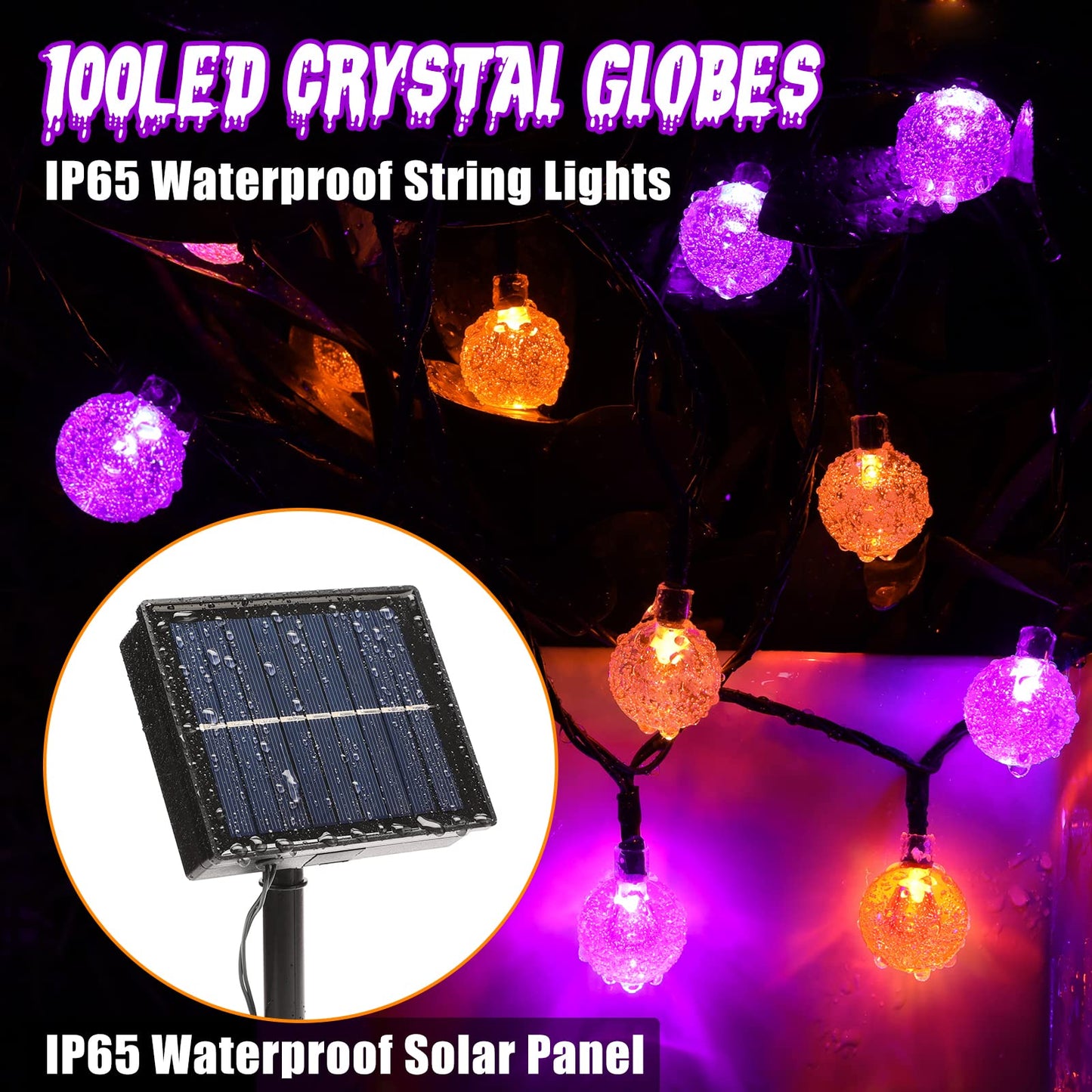 Lomotech Halloween Solar Lights - 72FT 100 LED Orange Purple String Lights Outdoor, 8 Modes Waterproof Crystal Globe Lights for Halloween Decoration