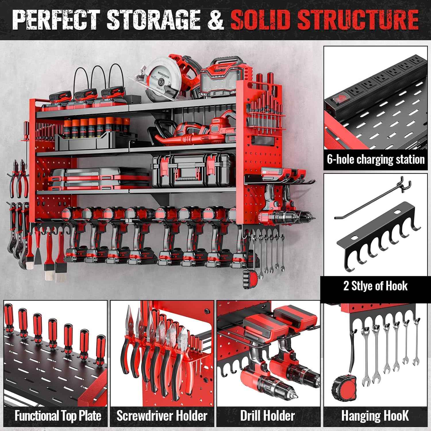 Heavy Duty Wall Mount Power Tool Organizer with Charging Station & 10 Drill Holders