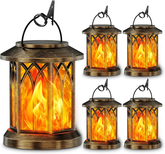 Solar Lanterns Outdoor - 4 Pack Waterproof Flickering Flame Lights for Garden & Yard Decor (Bronze)