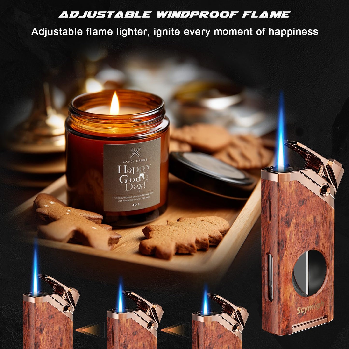 All in One Torch Lighter with V-Notch Tool and Holder, Refillable Butane, Adjustable Flame, Fuel Window, Cool Lighter for Gifts, Candle, Father's Day
