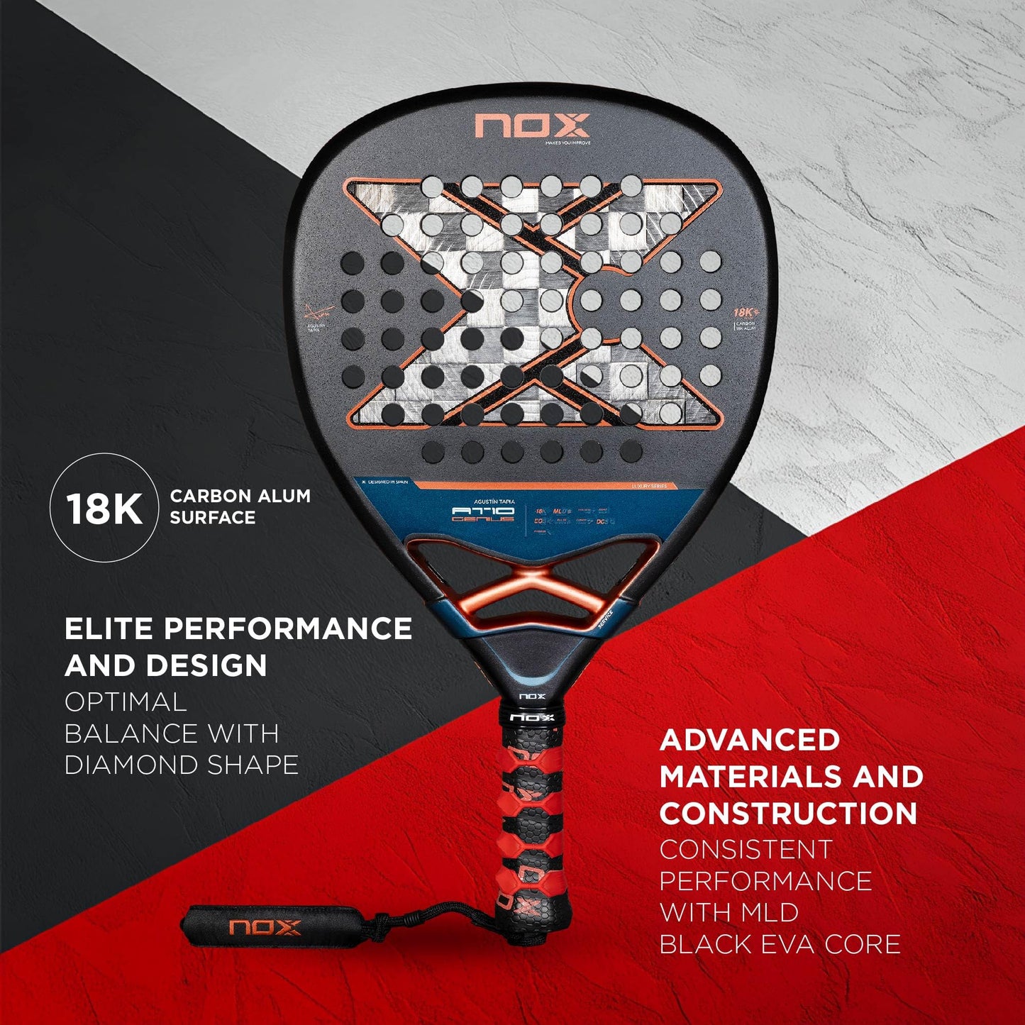 Padel Racket AT10 Genius Attack 18K by Agustin Tapia 2025 | Luxury Diamond Shape Pala Padel | Exclusive Spin & EOS Flap Technology | Aluminized Carbon w/MLD Black EVA Core | High Power Pala