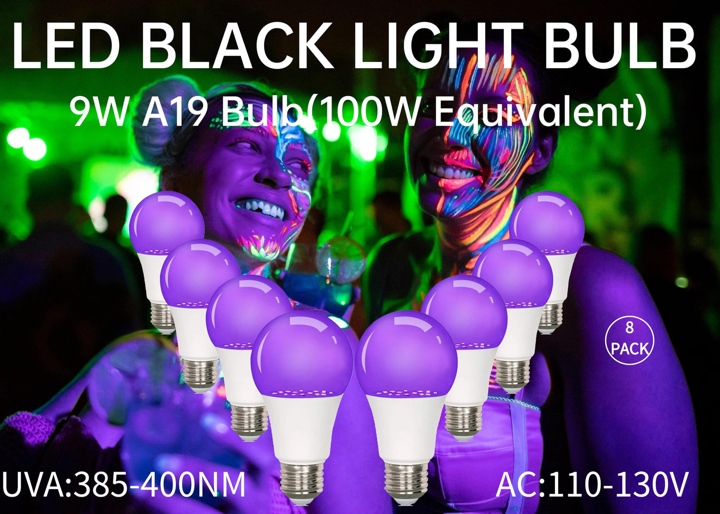 GODUORA 8-Pack LED Black Bulb, A19, UVA 385-400NM, 9W (100W Equivalent), E26 Head, Non-Dimmable, for Halloween Decorations, Glow Parties, Fluorescent Posters