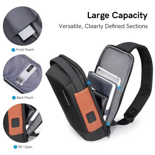 Kingsons Anti Theft Crossbody Bag Sling Backpack Mini Travel Sling Man Bag TSA lock with USB Charging Port Small Chest Shoulder Side Backpack for Traveling, Leisure, Commuting,Fit for 9.7" ipad