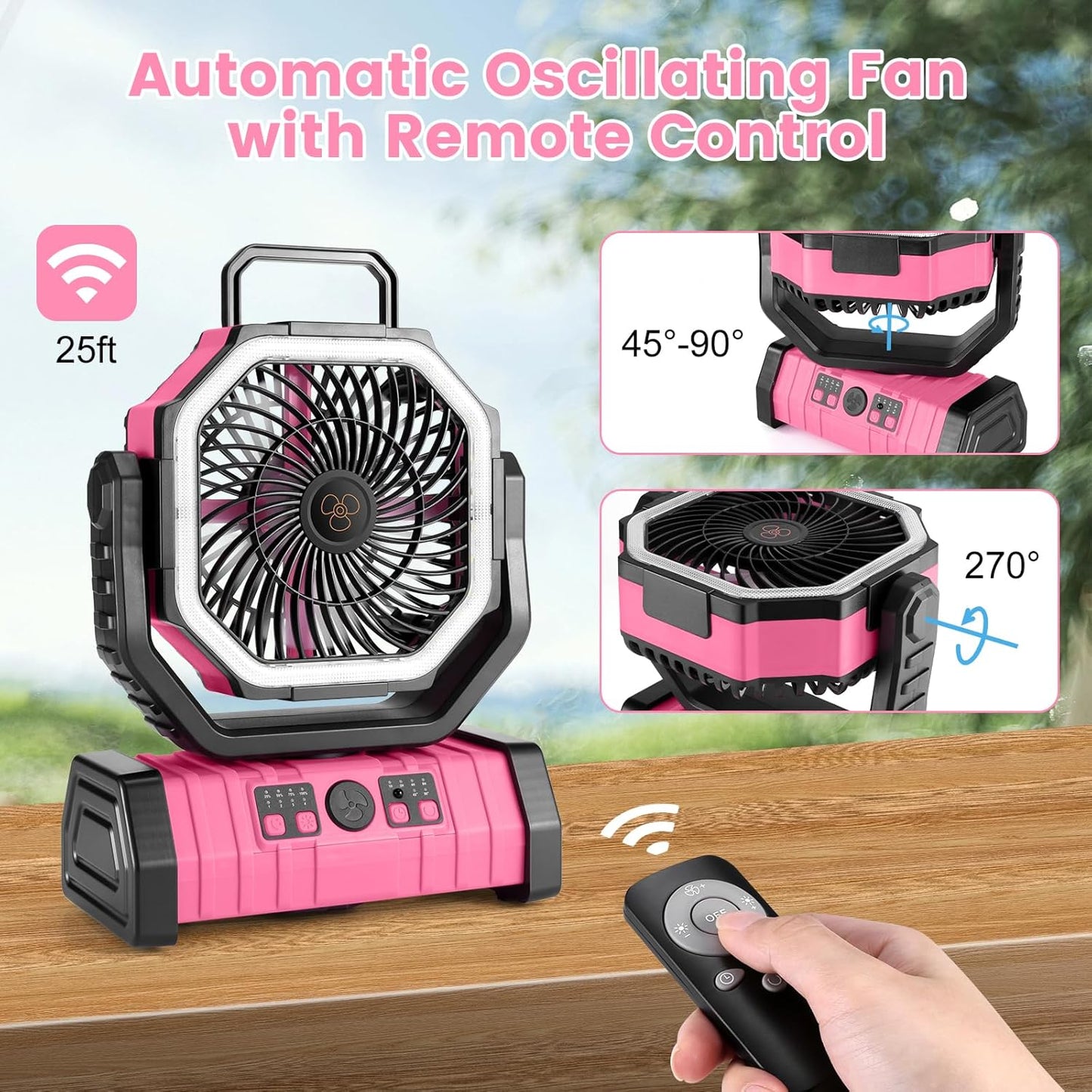 Odoland 30000mAh Camping Fan - Rechargeable LED Lantern with Remote, Oscillating Design, Pink