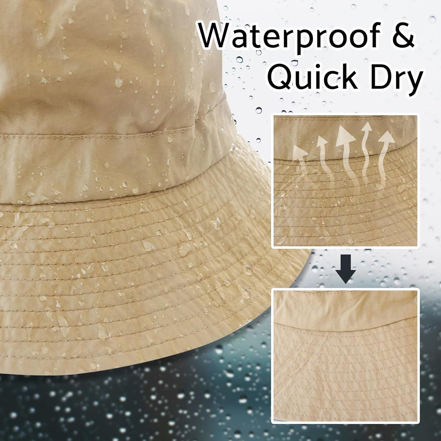 PFFY Quick Dry Waterproof Bucket Hat - Packable Outdoor Sun Hat for Men & Women with Detachable Chin Strap