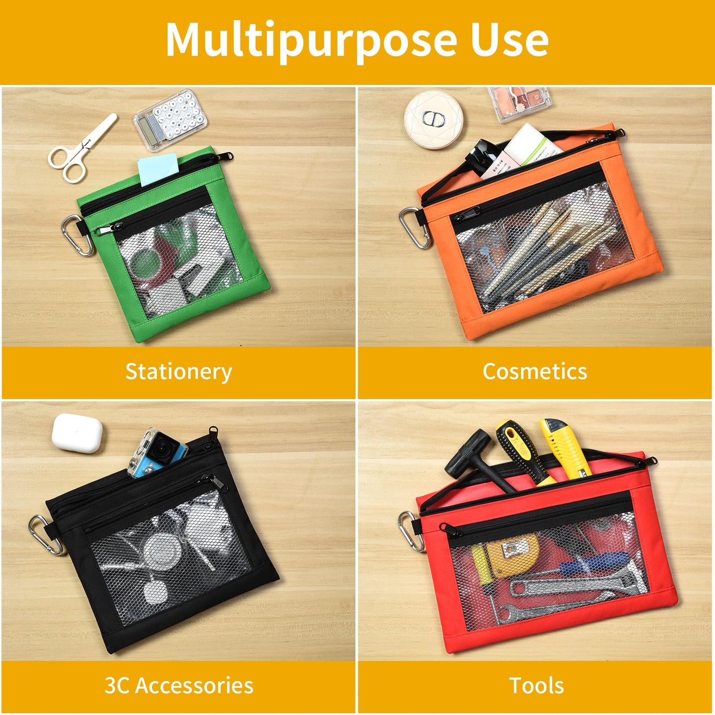 OTraki 4 Pack Tool Pouch Zipper Bag Oxford Small Tool Bag Multipurpose Storage pouch Clear Utility Bag Heavy Duty Flat Bottom Tool Organizers and Storage bag with YKK Zipper