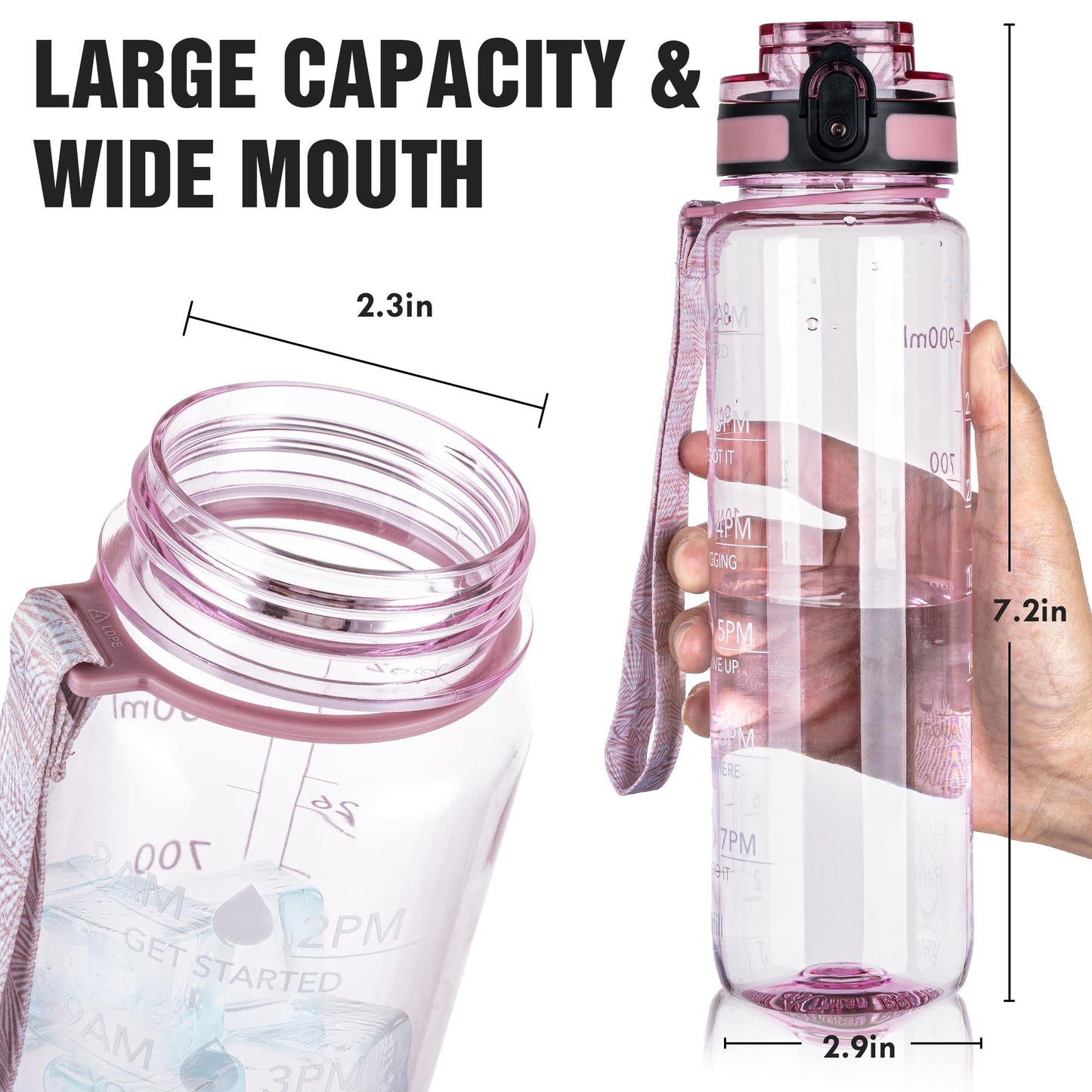 OLDLEY Water Bottle, 32oz Motivational Sports Water Bottle with Time Marker - Times to Drink - Tritan, BPA Free, Wide Mouth Leakproof, Anniversary Birthday Gifts for Men Women, Clear Pink