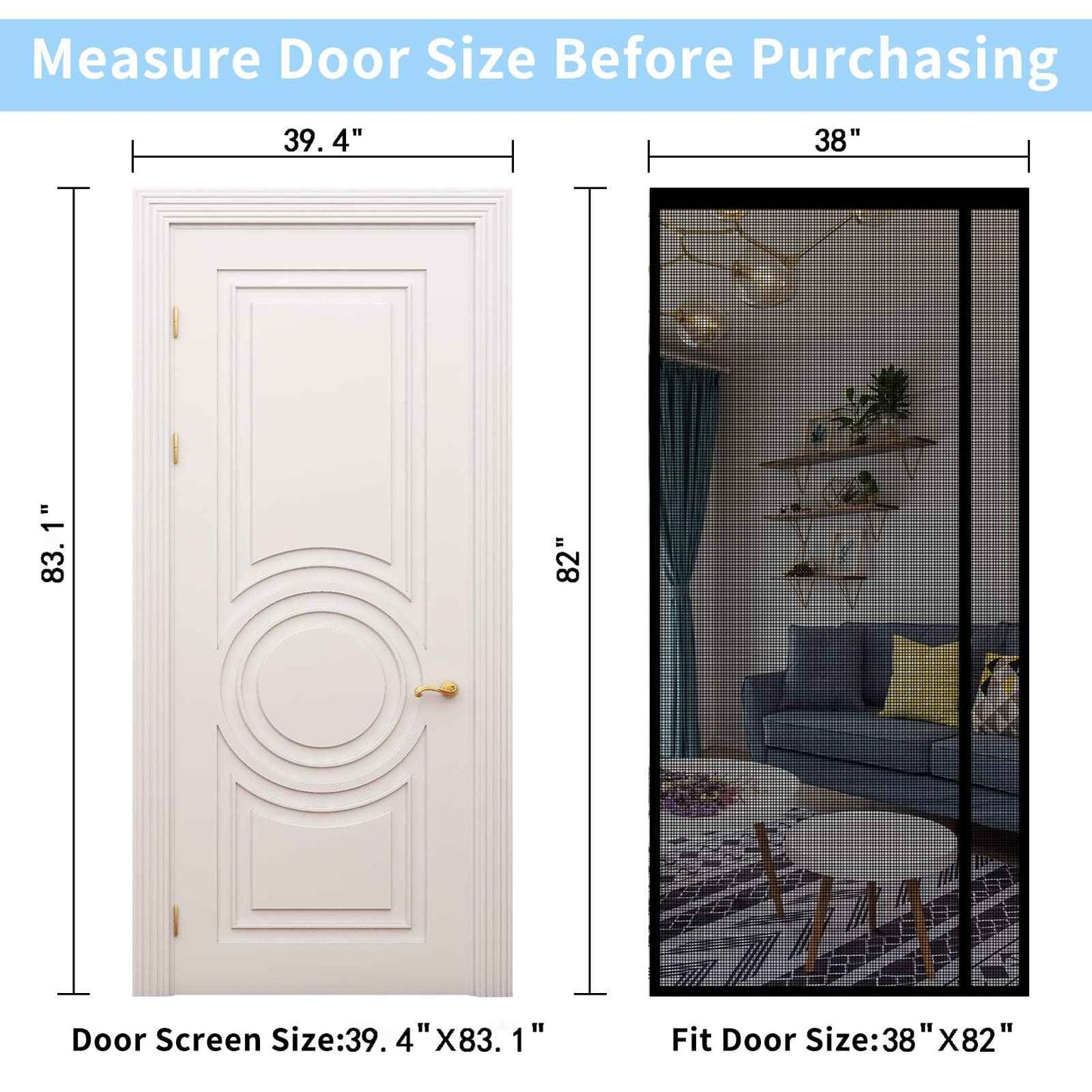 Reversible Left or Right Side Opening Magnetic Screen Door, Narrow Durable Fiberglass Mesh Curtain Hands Free for Patio, Bedroom, Fits Door Size 38" x 82", Black