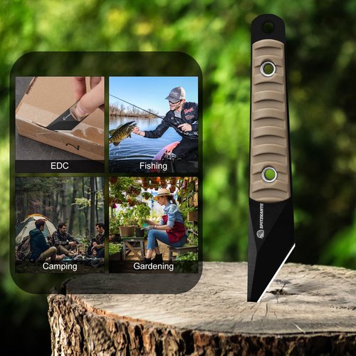 SPITZKANTE 5.79" Mini Neck Knife, Kiridashi Style Full Tang Fixed Blade EDC Knife with Khaki ABS Handle, 5Cr14MoV Steel, Sheath and Necklace, Outdoor Camping Hiking Fishing Survival Everyday Carry