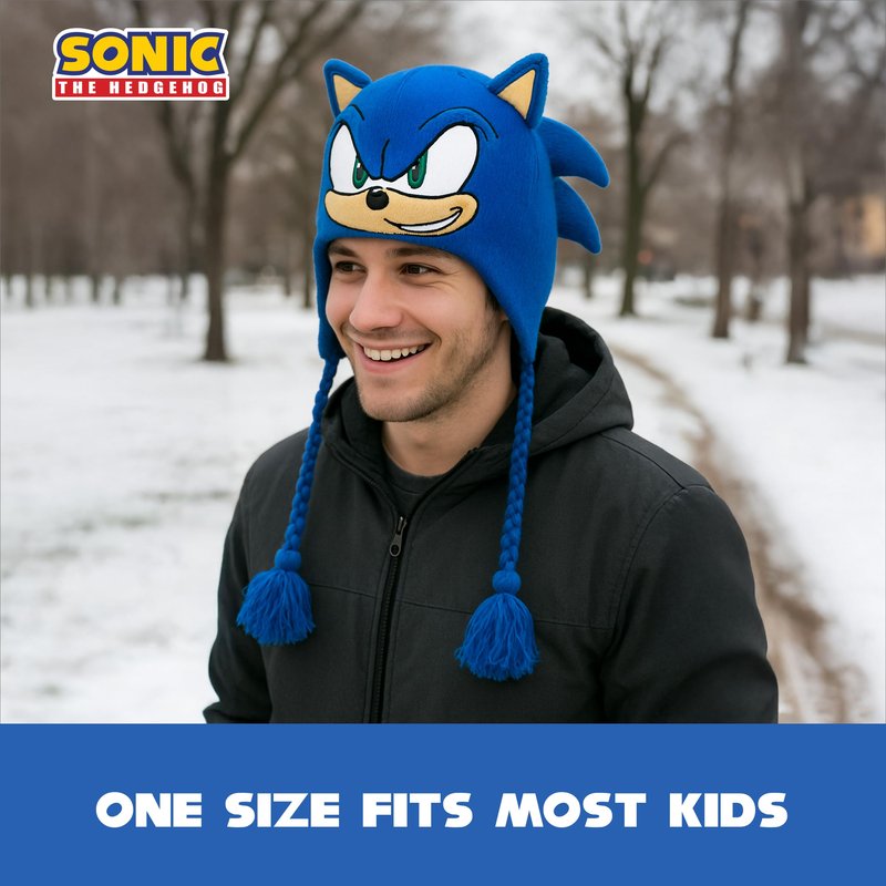 Sonic The Hedgehog Winter Peruvian Knit Beanie, Cuffed Winter Knit Cap, Large Sonic Face with 3D Ears, Blue, One Size