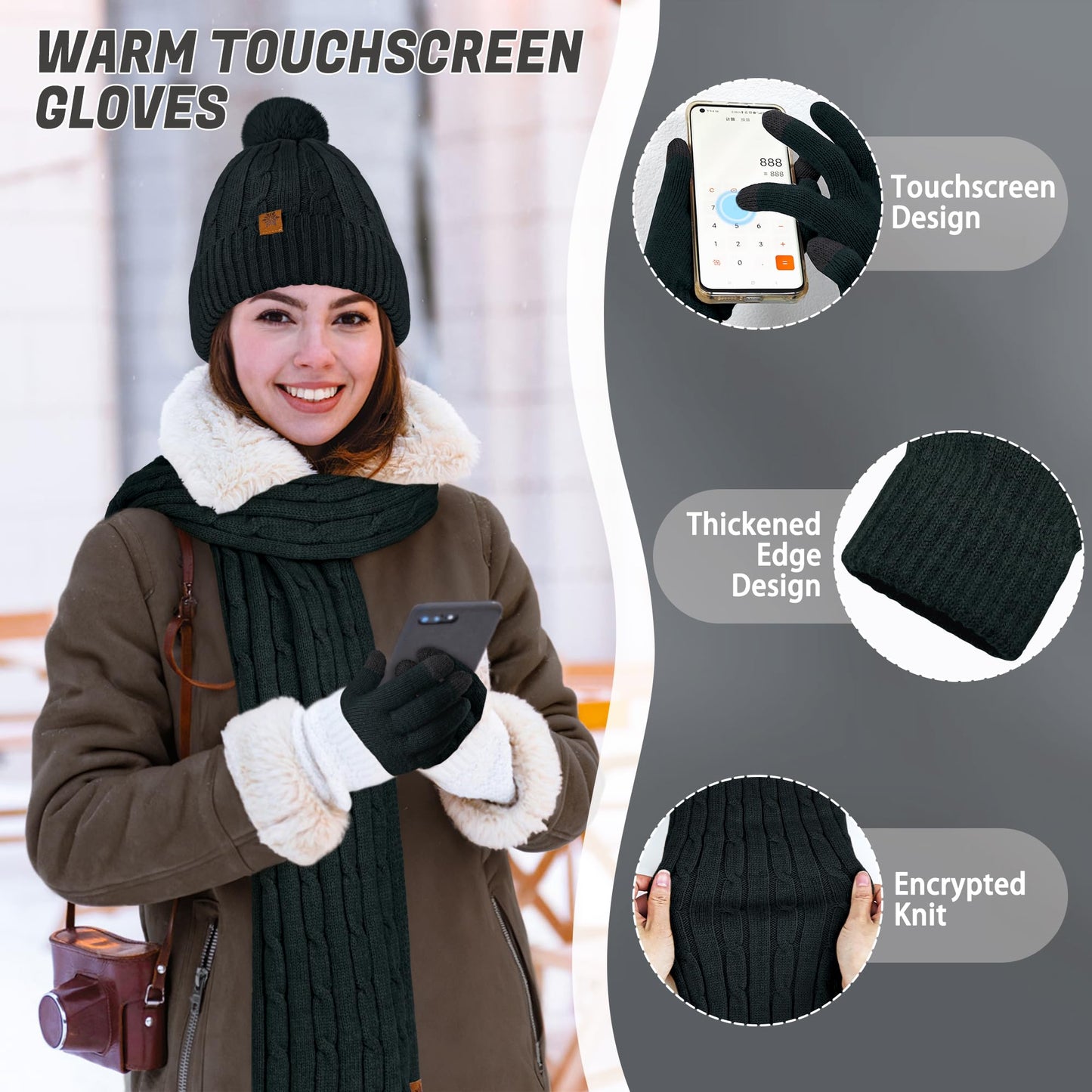 Horolam Winter Hat Scarf Gloves Set, Warm Knit Beanie Hat with Pom Pom Touch Screen Gloves for Women for Christmas Cold Weather Gifts