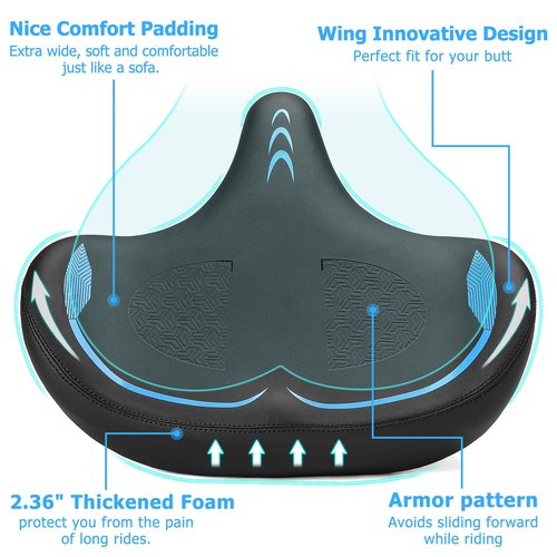 CDYWD Oversized Bike Seat for Men & Women Comfort, Extra Wide Bicycle Seat Cushion, Comfortable Wing Padded, Large Replacement Saddle for Peloton, Stationary Exercise Bike, Ebike, Cruiser, City Bike