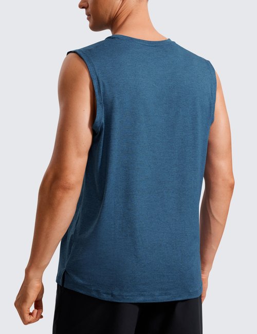 CRZ YOGA Men's Workout Sleeveless Shirt Quick Dry Stretchy Swim T-Shirts Athletic Gym Running Beach Tank Top Night Blue Heather Large