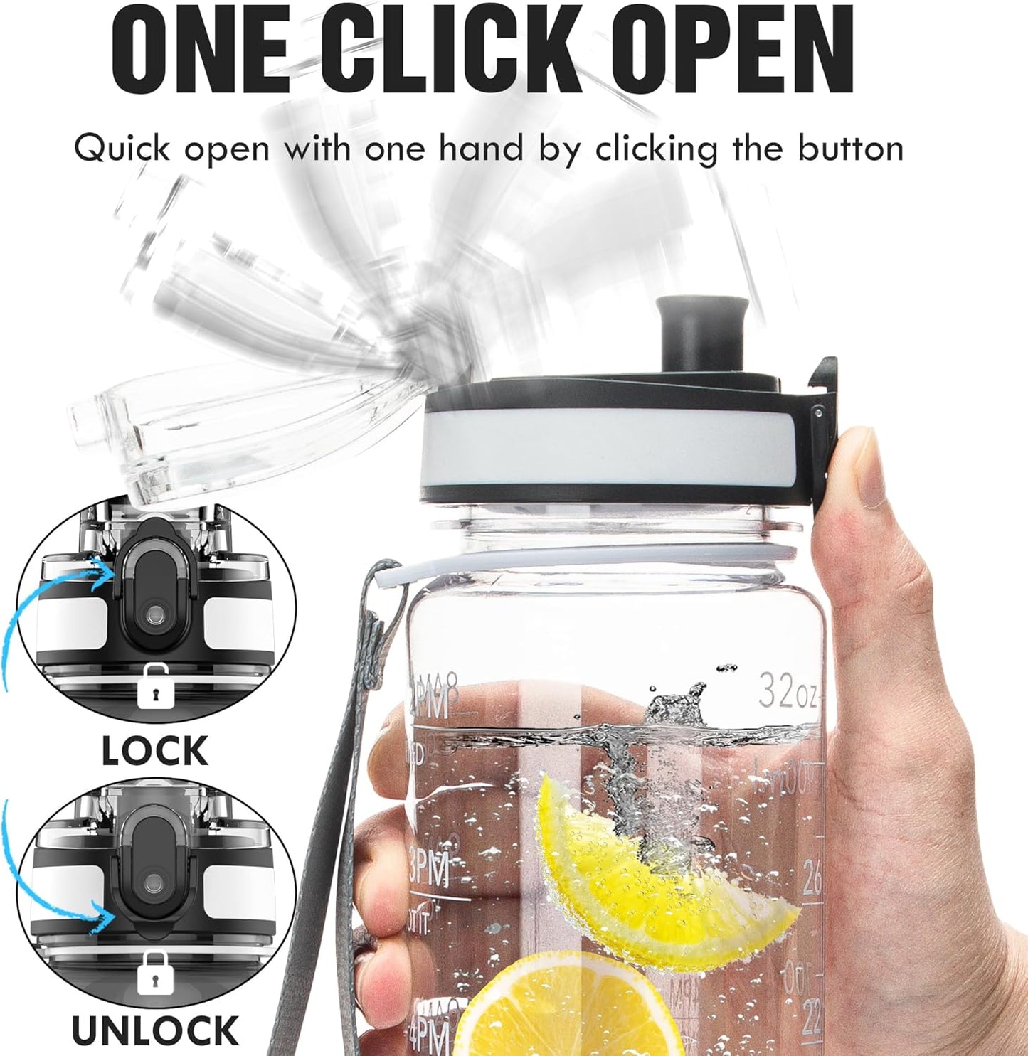 OLDLEY 32oz Motivational Sports Water Bottle - Time Marker, BPA-Free, Leakproof, Clear Design