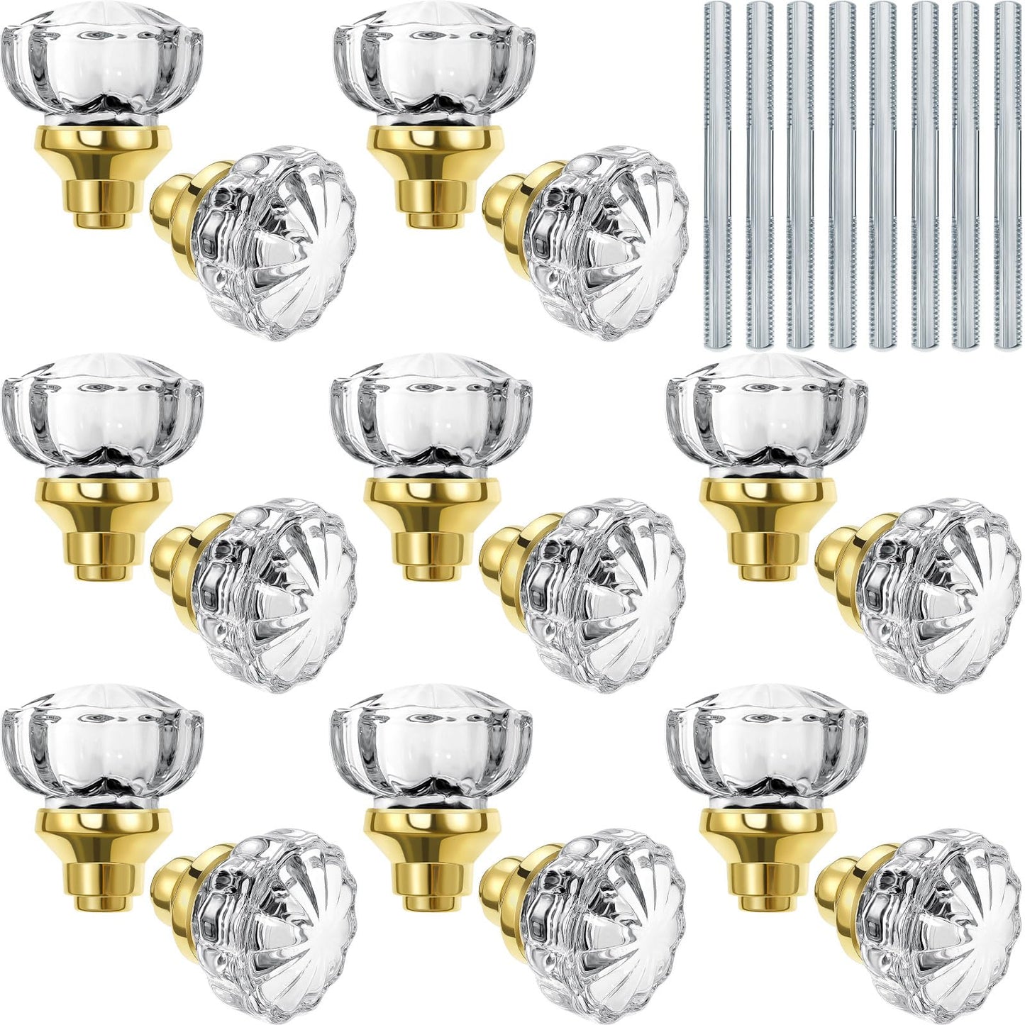 Amylove 8 Set Crystal Door Knobs Mortise Style Fluted Glass Door Knobs Antique with Spindle Antique Doorknobs for Interior Doors (Gold)