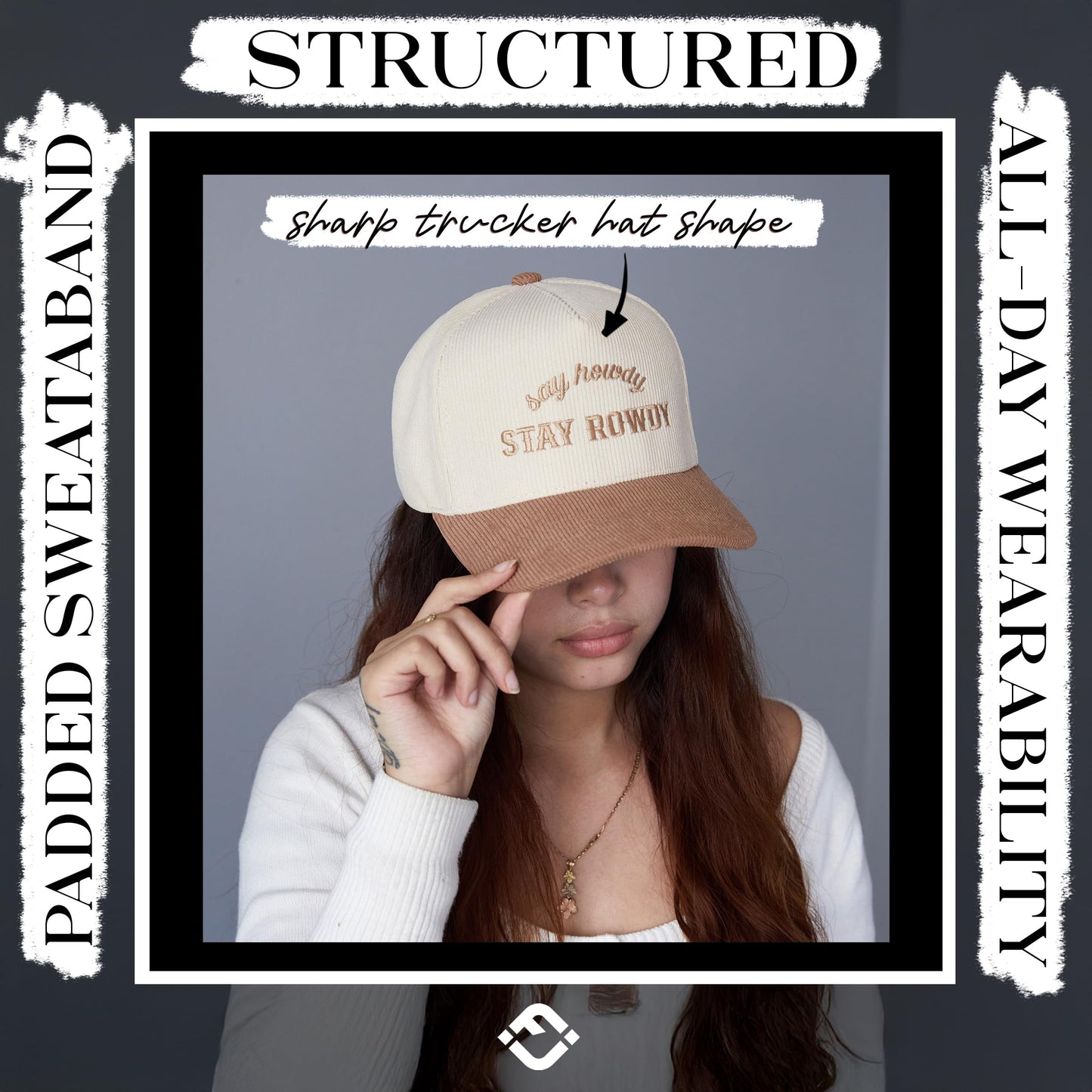 Funky Junque Howdy Hat Corduroy Trucker Hat Stay Rowdy Embroidered Unisex Snapback Cap - Say Howdy Stay Rowdy - Khaki/Beige