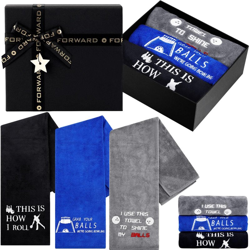 Newwiee 3 Pcs Christmas Funny Bowling Towel with Gift Box, Novelty Embroidered Patterned Bowling Ball Towel Gift Accessories for Men Dad Boyfriend Father's Day Christmas(Black, Blue, Grey,Classic)