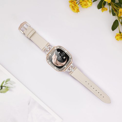 Leather Band Compatible with Fitbit Sense 2/Versa 4 Bands for Women, Dressy Leather Strap with Rhinestone D-Shape Metal Buckle with with Bling Case Cover (Fitbit Versa4/Sense2, Beige/Rose Gold)